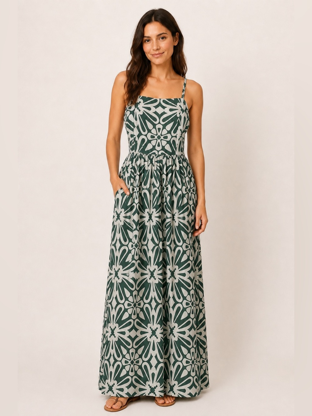 As U Wish M Green Ivory Floral Linen Blend Smocked Maxi Dress NWT